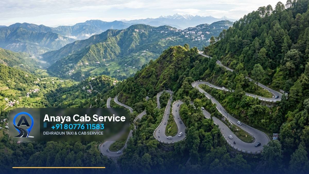 White taxi climbing the winding Dehradun to Mussoorie mountain road