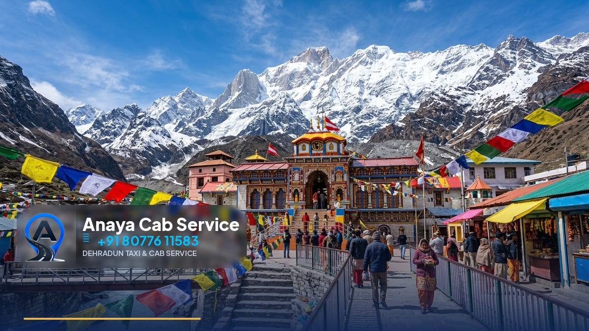Himalayan Char Dham landscape with temple and snow mountains