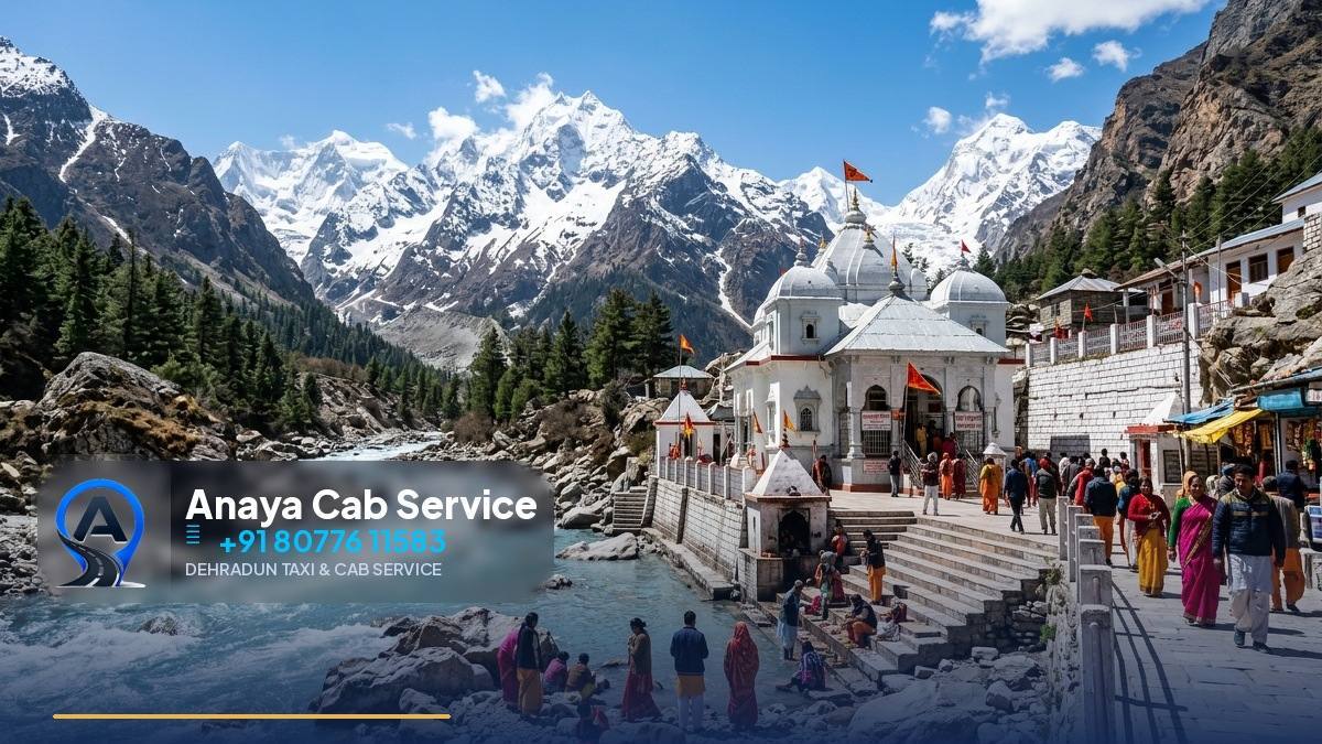 Badrinath temple with colorful flags and snow peaks