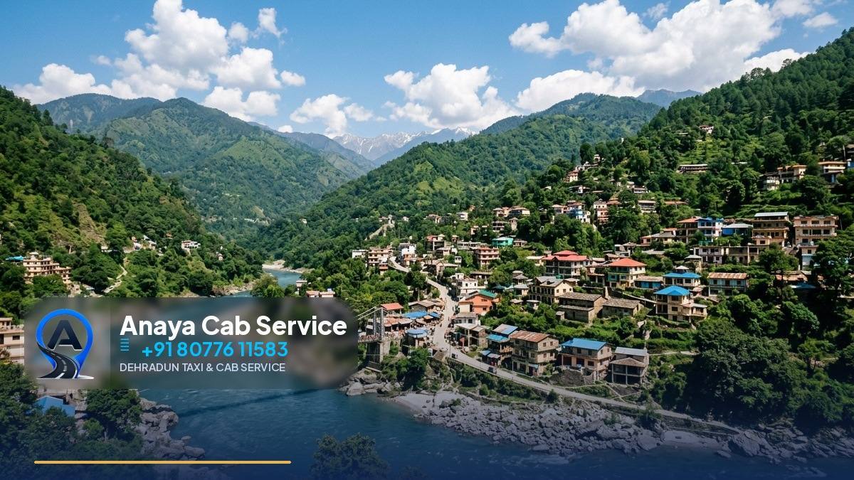 Mountain highway with pilgrims taxis on Char Dham route