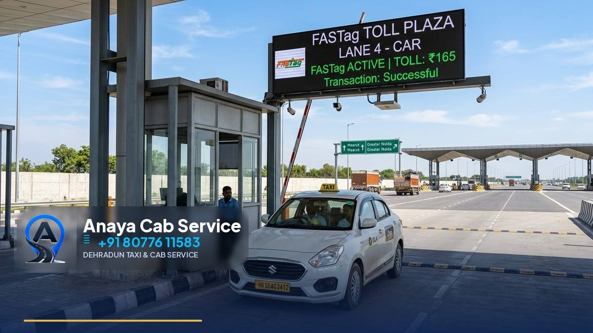 White taxi at a FASTag toll plaza on Delhi-Dehradun expressway