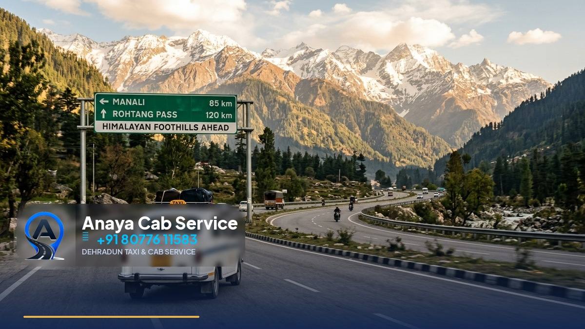 White taxi driving on highway toward Himalayan foothills