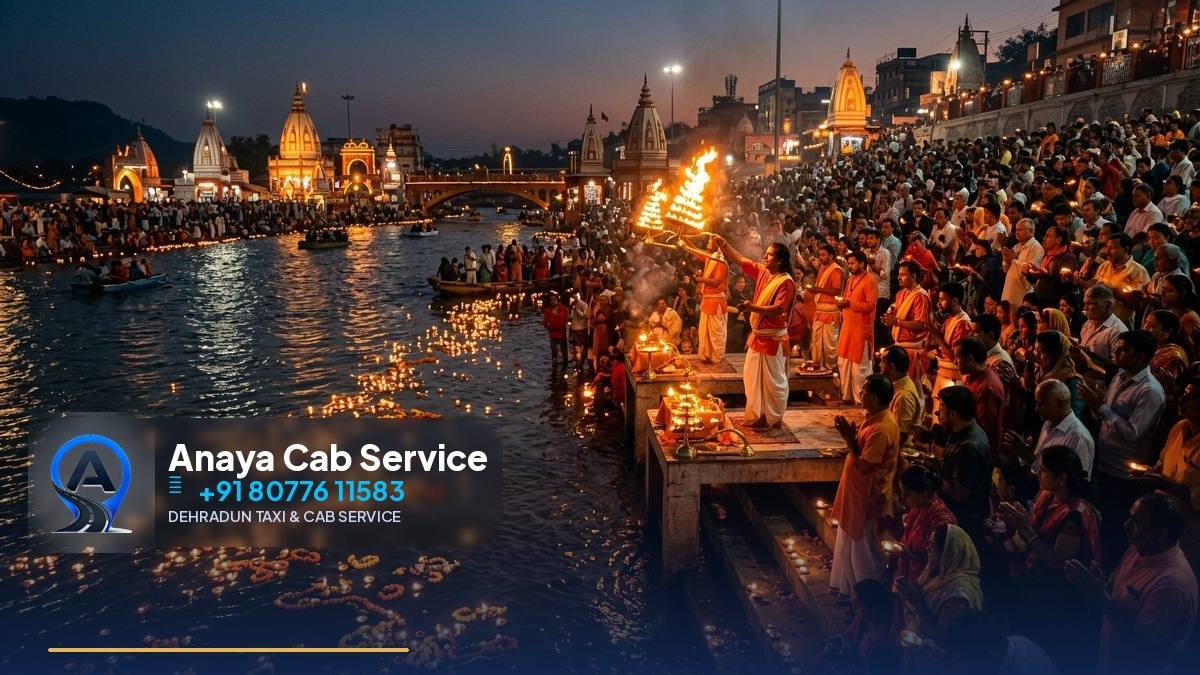 Haridwar temple bazaar with pilgrims and shops