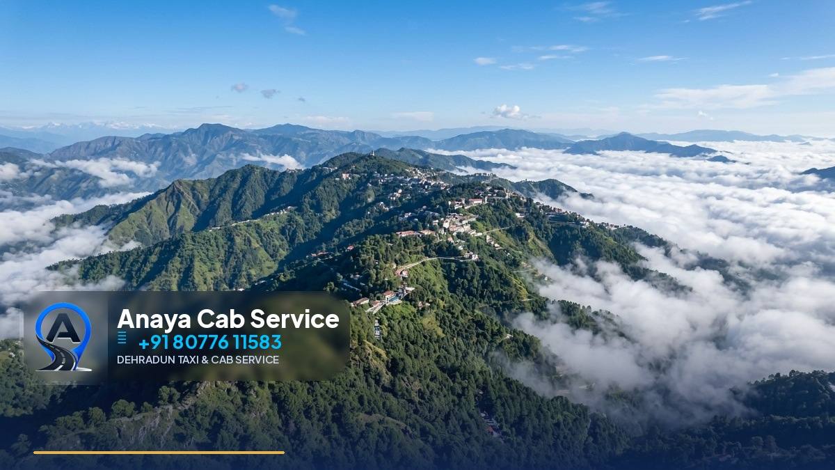Winding misty road from Dehradun to Mussoorie with taxi