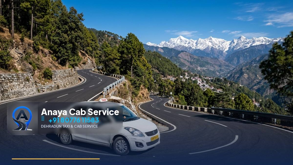 White sedan taxi parked with Mussoorie hills in background