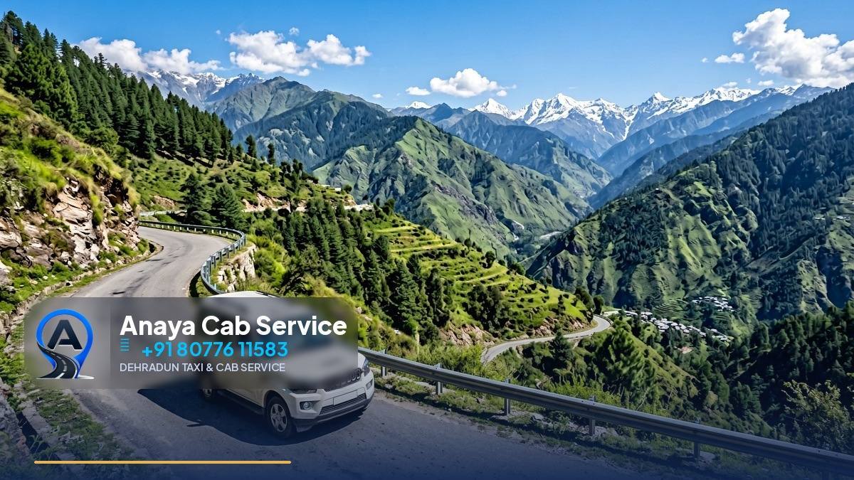White sedan taxi on the Mussoorie road with snow peaks