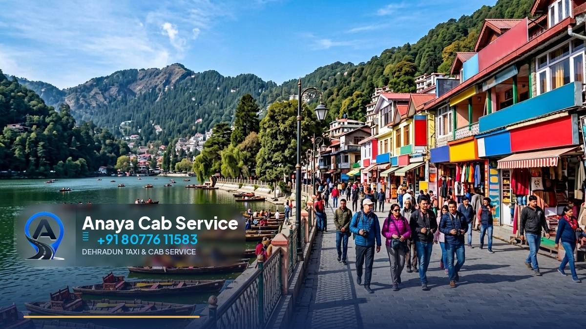 Winding mountain road to Nainital with white taxi