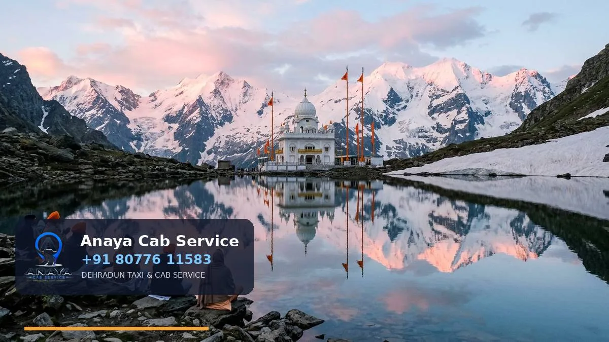 Hemkund Sahib mirrored in the Lokpal lake at sunrise