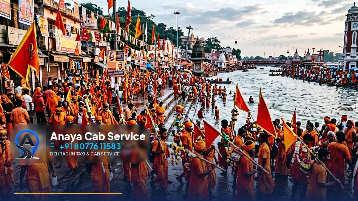 Kanwar yatra devotees in saffron walking with decorated poles