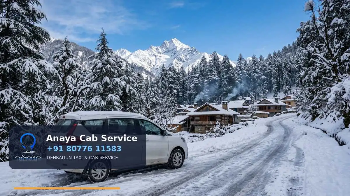 Ertiga on the snow-covered Sankri road under deodars