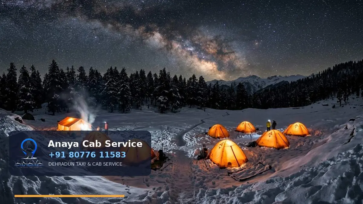 Winter campsite under the Milky Way at Kedarkantha