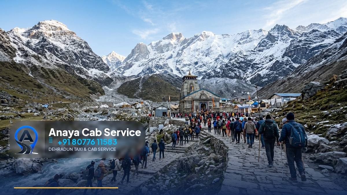 Kedarnath temple with snow-capped peaks and pilgrims