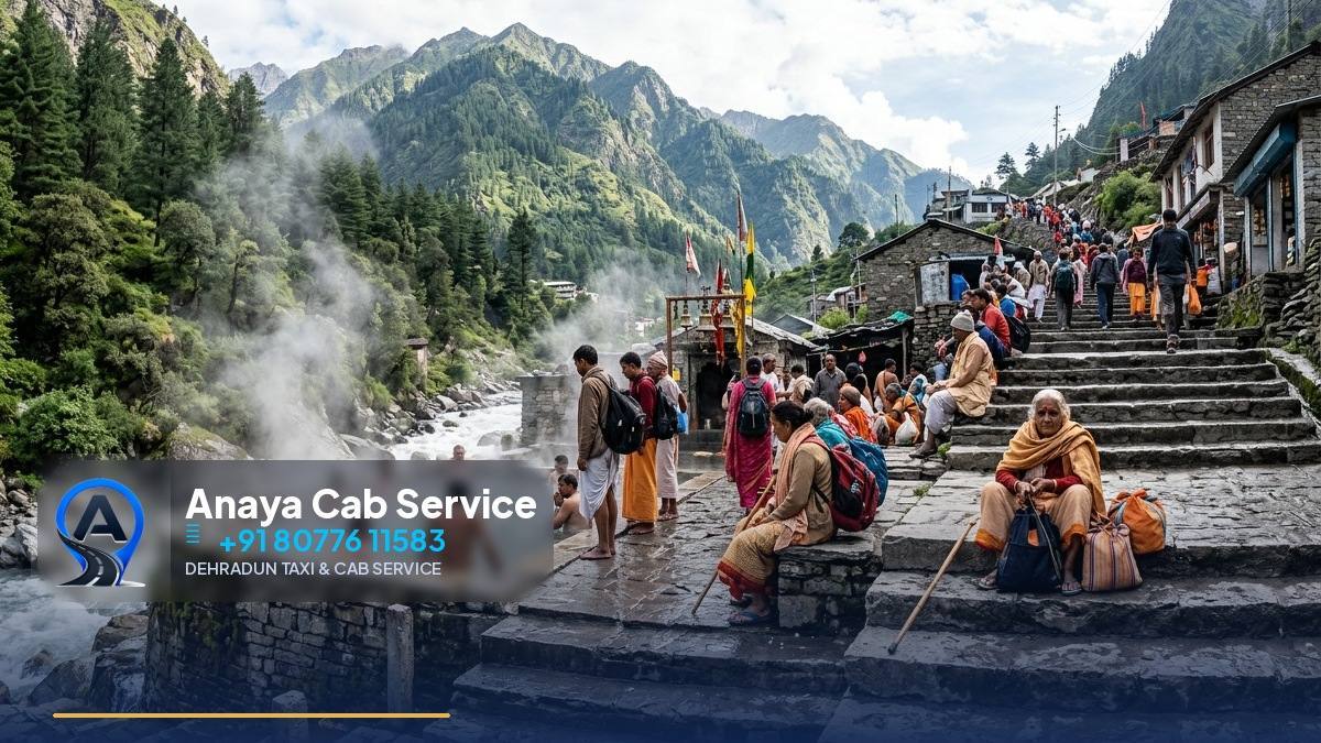 Mountain road to Kedarnath with white taxi