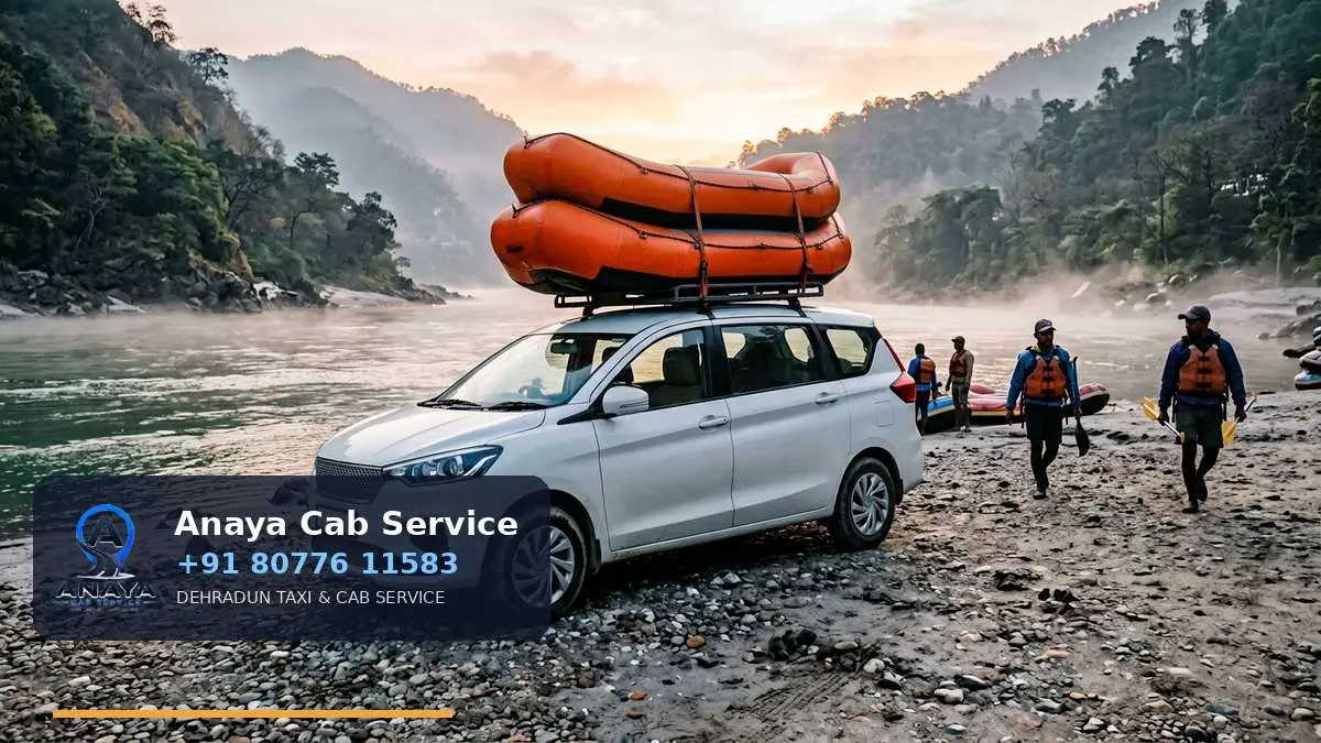 Ertiga with rafts on the roof at misty Shivpuri beach
