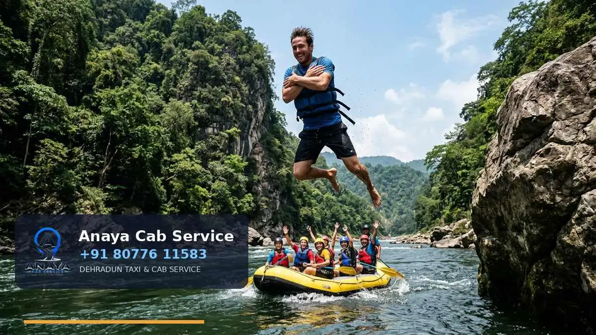 Cliff jump moment at the Rishikesh rafting camp